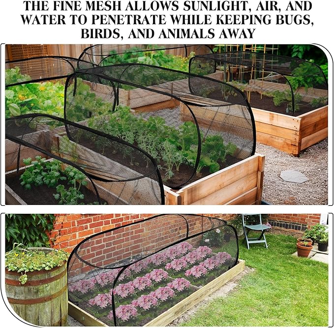 4 Pcs 39" x 18" x 16" Pop up Garden Mesh Plant Cover Outdoor Plant Protector Garden Row Raised Bed Cover with Ground Nails Crop Cage Net for Seedlings Vegetable Fruit Herbs (Black)
