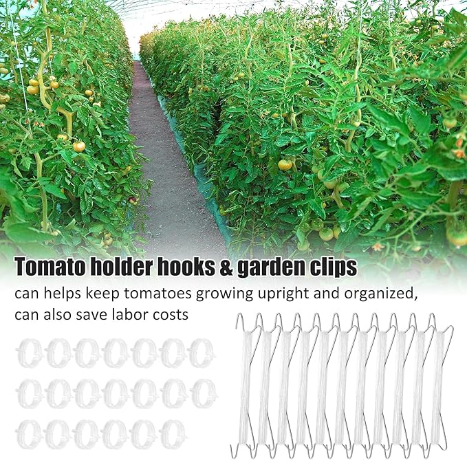 10pcs Tomato Support Hooks with 20pcs Tomato Clips, J Hooks to Prevent Tomatoes from Pinching or Falling Off, Garden Hooks with 33.3ft Twine, Plant Climbing Hooks for Tomatoes Cucumber (10)