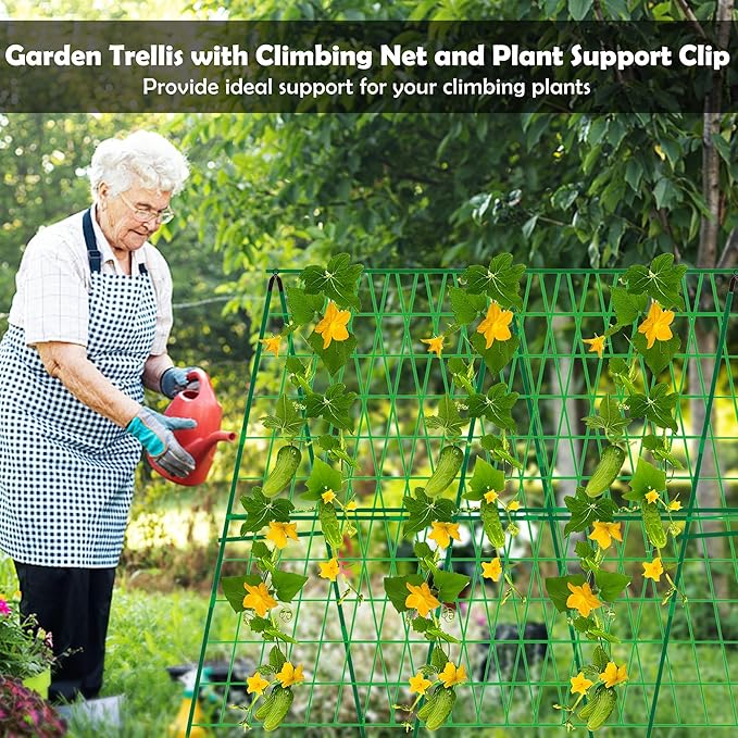 48 x 48 Inch Foldable Cucumber Trellis for Raised Bed- A-Frame Garden Trellis for Climbing Plant Outdoor with Climbing Net and Plant Support Clip for Outdoor Plants Zucchini Vegetables Tomato Flowers