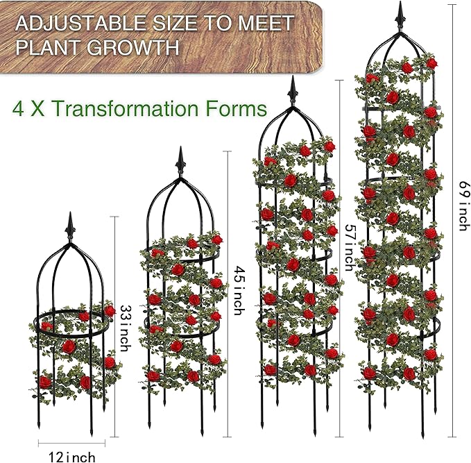 2 Pack Garden Obelisk Trellis for Climbing Plants Outdoor, 6FT Adjustable Metal Plant Support with 3 Decorative Tops, Black Rustproof Trellis for Roses, Tomatoes, Clematis & Vines