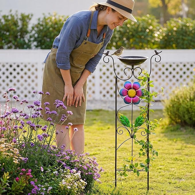 Bird Bath with Trellis Outdoor - 40" Antique Iron Free Standing with 9" Detachable Basin, Spinning Flower Windmill & Birdfeeder Station for Garden Decor