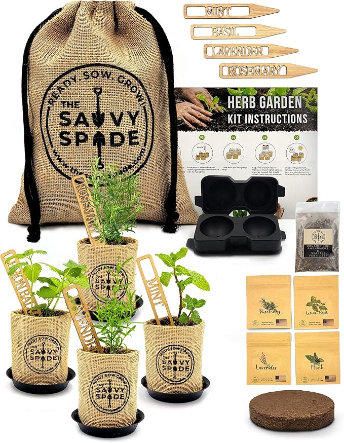 Cocktail Herb Garden Kit Indoor – Grow Your Own Cocktail Kit with Ice Ball Maker and Non-GMO Heirloom Lavender Seeds, Mint Seeds, Rosemary Seeds, Basil Seeds – Housewarming Gift