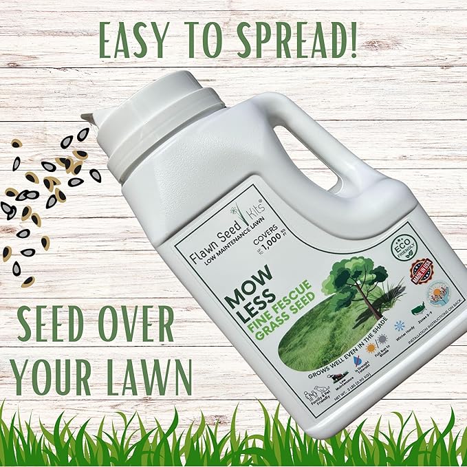 Flawn Seed Kits Mow Less Fine Fescue Grass Seed, 2 Lbs, Low Maintenance Lawn, Shade Tolerant, Easy Spread Shaker Jug, Covers up to 1000 SqFt