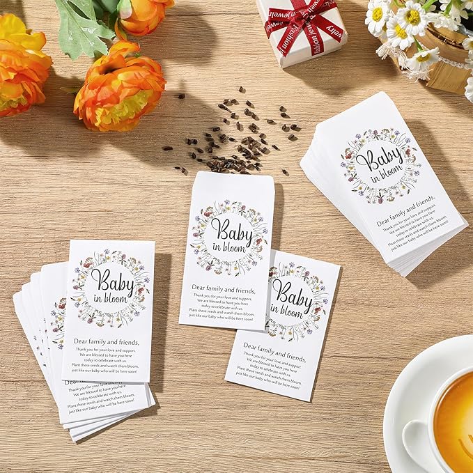 Fumete 50 Pcs Baby Shower Seed Packet Self Adhesive Kraft Envelopes Baby in Bloom Seed Storage Packets Mini Kraft Retro Paper Organizer for Gender Reveal Party, No Seeds(Wildflower)
