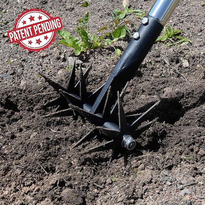 66in Rotary Cultivator with Tempered Spring Steel Tines and Adjustable Stainless Steel Handle Manual Garden Tiller Tool for Loosening Soil Mixing Fertilizer