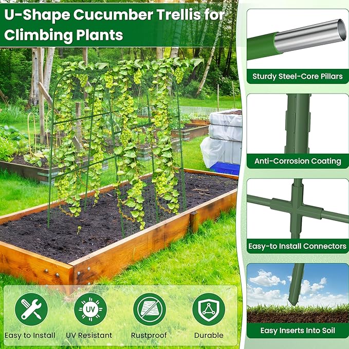 Cucumber Trellis for Raised Bed 32" L x 48" H, U-Shape Garden Trellis for Climbing Plants Outdoor, Metal Arch Trellis for Vegetables, Plant Support for Tomato Pea Zucchini Grape Flowers