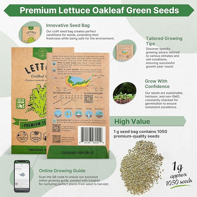 Organo Republic Lettuce Oakleaf Seeds Pack 1 G - Over 800 Non-GMO Heirloom Lettuce Seeds for Planting Greens in Individual Seed Packet, Greens Seeds for Planting Home Garden Indoor & Outdoor Gardening