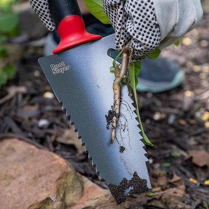 Root Slayer 17011 Garden Trowel with Holster for Digging, Planting, and Root Cutting, Serrated Steel Blade, Red