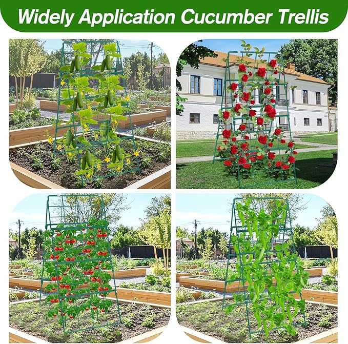 Cucumber Trellis for Raised Bed A Frame Metal Garden Trellis for Climbing Plants Outdoor, 42 x 16IN Foldable Coated Steel Cucumbers Trelli, Easy to Install Cucumber Trellis for Vegetable Fruit (1PACK)