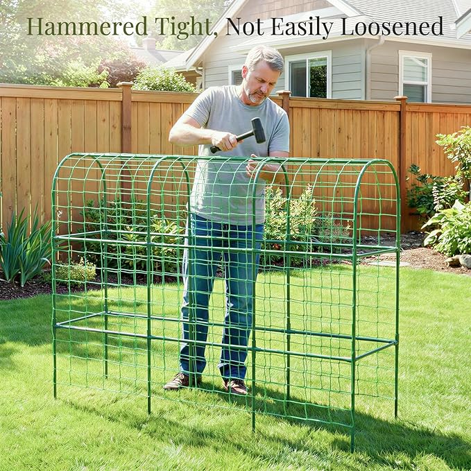 Housolution Cucumber Trellis for Raised Bed, 67"×48" U-Shape Garden Trellis for Climbing Plants Outdoors with 2×3m Net for Tomato Squash Zucchini Peas Beans Grape Fruit Flowers, Green