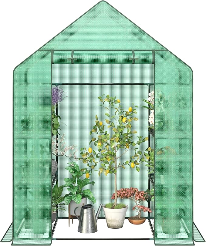 LEMY Mini Walk-in Greenhouse 3 Tiers 6 Shelves with PE Cover,Roll-Up Zipper Door and Mesh Windows,Anchors Ropes for Outdoor Garden,Backyard,Patio,Grow Vegetables,Flowers and Herbs