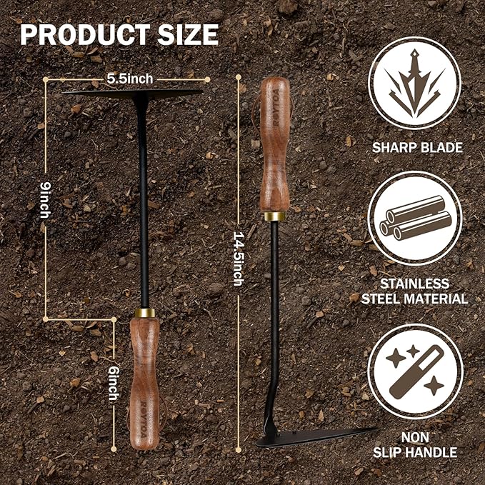 Triangle Hand Hoe, Heavy Duty Stainless Steel Weed Puller and Weed Remover Gardening Tool with Walnut Handle for Weeding, Soil Loosening and Cultivating
