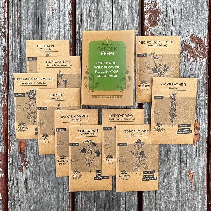 Garden Peeps Perennial Wildflower Pollinator Seed Pack - 10 Unique Varieties, 100% Pure, Non-GMO, Eco-Friendly Seeds for Year-Round Blooms