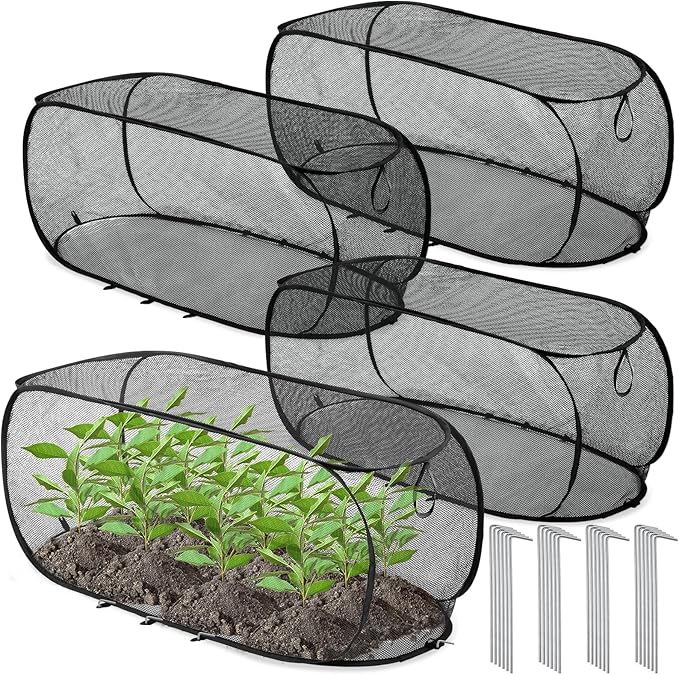 4 Pcs 39" x 18" x 16" Pop up Garden Mesh Plant Cover Outdoor Plant Protector Garden Row Raised Bed Cover with Ground Nails Crop Cage Net for Seedlings Vegetable Fruit Herbs (Black)