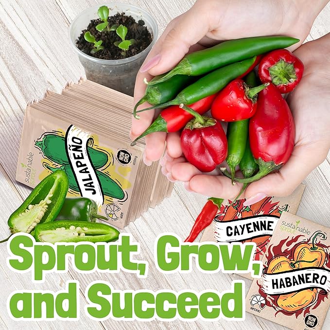 Hot Pepper Seeds for Planting - 7 Heirloom Chili Pepper Seeds Variety Packets Garden Seeds for Planting Cayenne Anaheim Hungarian Wax Pepper Habanero Serrano Poblano, & Jalapeno by Sustainable Sprout