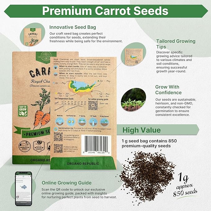 Organo Republic Carrot Royal Chantenay Seeds Pack 1G - Over 850 of Non-GMO Heirloom Carrot Seeds for Planting Vegetables in Individual Seed Packet, Vegetable Seeds for Planting Indoor & Outdoor Garden