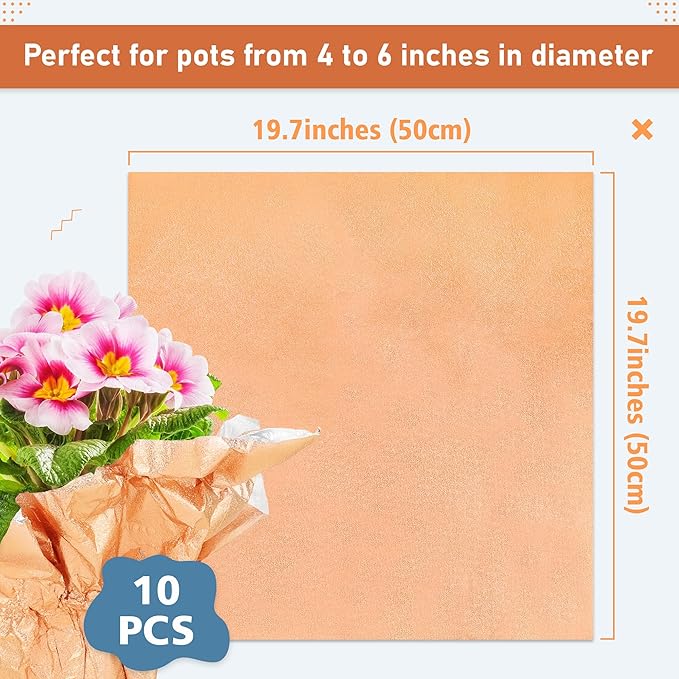10 PCS Foil Wrap for Potted Plant, 19.7×19.7 inches Rose Gold Floral Foil Plant Pot Covers, Matte Texture Wrapping Paper for Christmas Plant Pot, Foil Wrapping Paper for DIY Flower Pot (Rose gold)