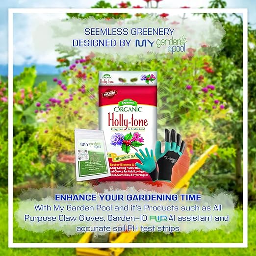 Espoma HT18 Organic Holly-Tone 4-3-4; 18 lb. Bag Evergreen & Azalea Plant Food; with My Garden Pool PH Soil Test Strips 20 ct, and Gardening Claw Gloves and Garden-IQ, Smart Gardening AI Assistant!