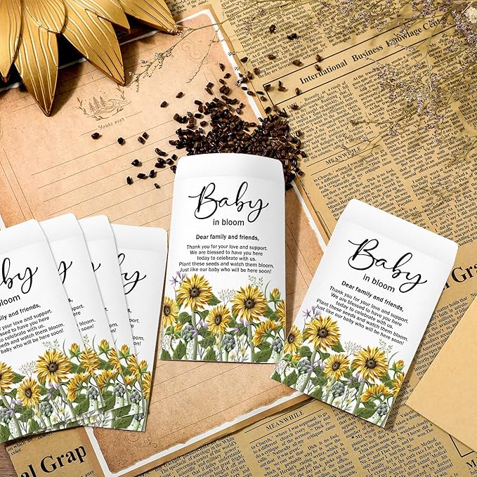 Fumete 50 Pcs Baby Shower Seed Packet Self Adhesive Kraft Envelopes Baby in Bloom Seed Storage Packets Mini Kraft Retro Paper Organizer for Gender Reveal Party, No Seeds(Sunflower)