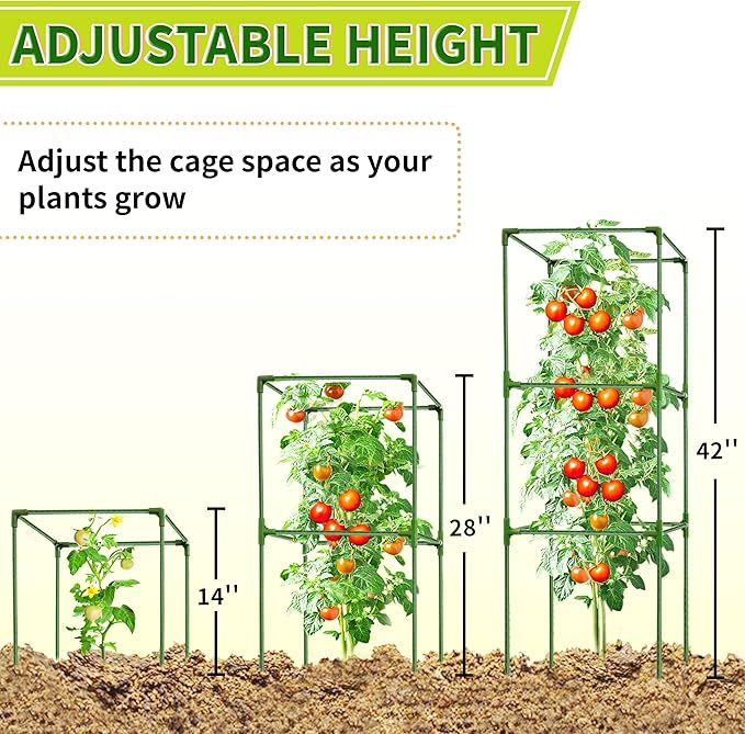3 Pack Square Tomato Cages for Garden - 42 Inch Heavy Duty Tomato Plant Support Stakes, Sturdy Metal Core with Rust-Resistant Coating, Tomato Trellis for Raised Beds