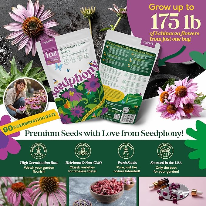 Seedphony Echinacea Seed Pack 1 oz - 9,300 Non-GMO Heirloom Echinacea Seeds for Planting, Perennial Flowers in Waterproof Seed Packet, Coneflower Seeds for Planting Garden Indoor & Outdoor Gardening