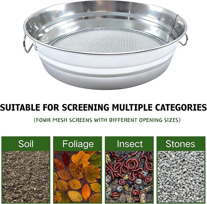 Soil Sifter for Gardening with Handles, Rock Sifter Fits 5 Gallon Bucket with 4 Replaceable Screens, Compost Sifter Dirt Sifter, Captures Dirt Rocks Sawdust