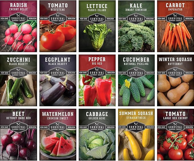 Vegetable Garden Seed Vault for Planting – 15 Pack Collection | Heirloom Non-GMO Family Garden Kit & Gift – Tomato, Lettuce, Cucumber & Squash – Indoor or Outdoor Growing – Survival Garden Seeds