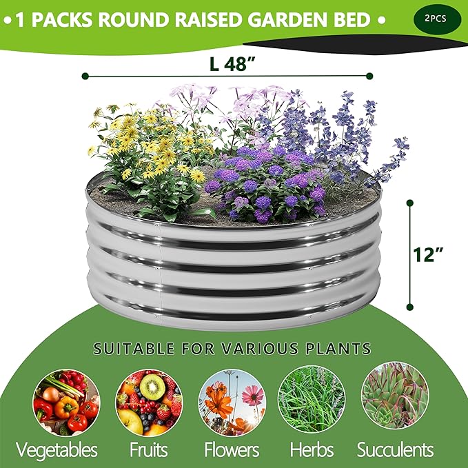 DIIYIV 2PCS 4x4x1FT Galvanized Raised Garden Bed Kit,Vegetable Boxes-Round Metal Flower Box,Large Planter Raised Beds Outdoor Garden for Planting,Fruit,Herb-Silver