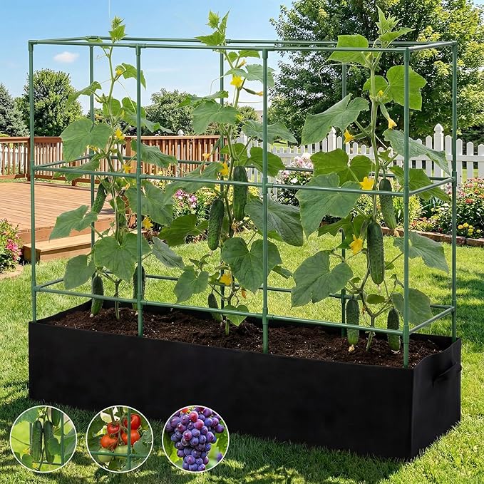 BreezeHug Garden Tomato Cages with 46 Gallon Grow Bags, 51" Height Adjustable Square Plant Support Trellis Large Steel Plant Tower Stakes for Climbing Vegetables Cucumber Squash Pea Flowers Fruits