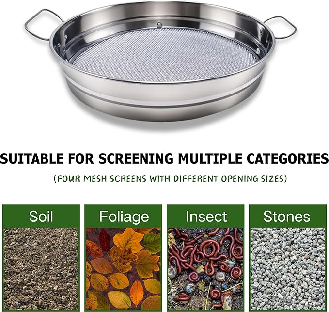 14.5“ Soil Sifter for Gardening with Handles, Large Rock Sifter with 4 Replaceable Screens,Compost Sifter Dirt Sifter, Captures Dirt Rocks Sawdust