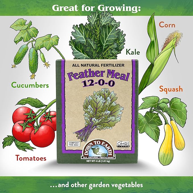 Down To Earth All Natural Fertilizers Organic Feather Meal - Slow Release Nitrogen Plant Food for Green Growth 12-0-0, 4 lb