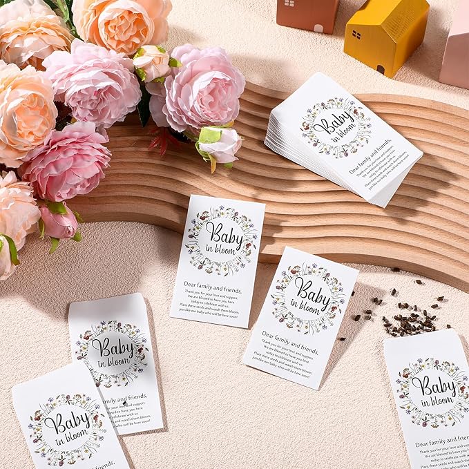 Fumete 50 Pcs Baby Shower Seed Packet Self Adhesive Kraft Envelopes Baby in Bloom Seed Storage Packets Mini Kraft Retro Paper Organizer for Gender Reveal Party, No Seeds(Wildflower)