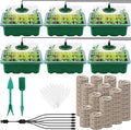 6 Pack Seed Starter Tray Kit with Grow Light and Humidity Dome Germination Trays, 72 Peat Pellets, Plant Labels, Gardening Tools, Green, Modern Style, 7.3 x 5.7 x 4.5 inches