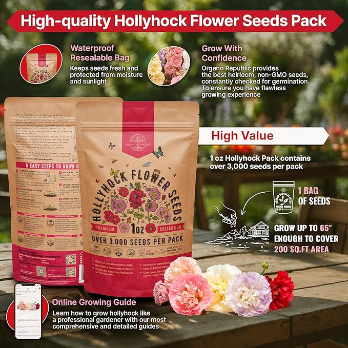 Hollyhock Flower Seeds Pack 1 oz - Over 3,000 Non-GMO Heirloom Hollyhock Seeds for Planting Indoor & Outdoor Gardening, Flower Seed for Home and Garden in Individual Packet, Floral Perennial Mix