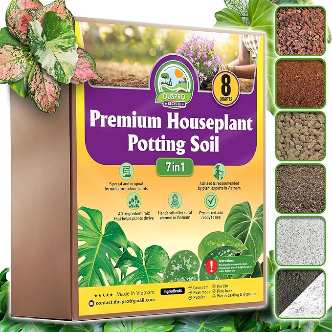 DUSPRO Recycle 8QRT Pre-Mixed House Plant Soil Aroid Potting Mix 7-in-1 with Coco Coir, Peat Moss, Perlite, Worm Casting, Pumice, Pine Bark & Gypsum, Tropical Potting Mix for Indoor Plants, Herbs