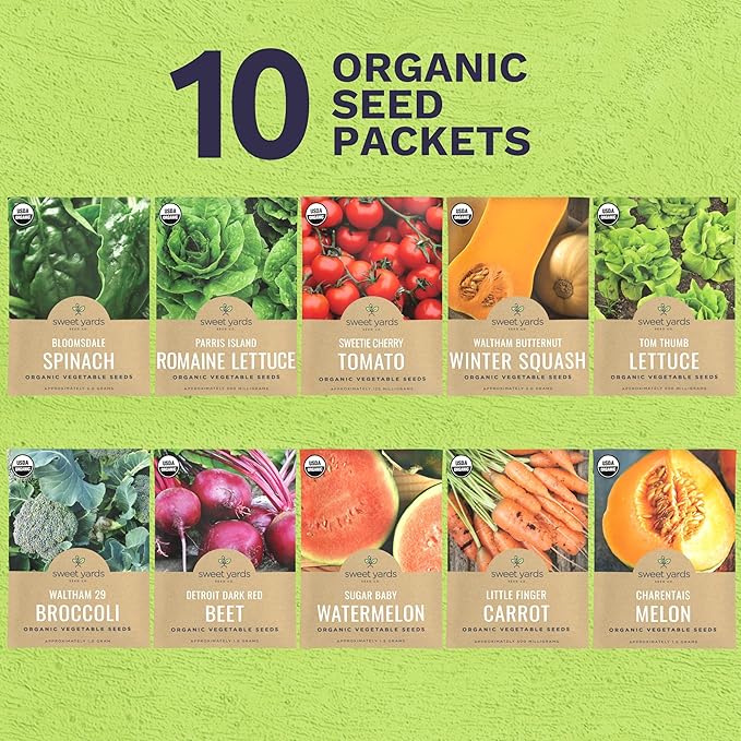 Organic Heirloom Garden Seeds Variety Pack - 10 Individual Packs - 2026 Season - Cherry Tomatoes, Spinach, Squash, Watermelon and More! for Indoor & Outdoor Planting (Non-GMO, Certified Organic)