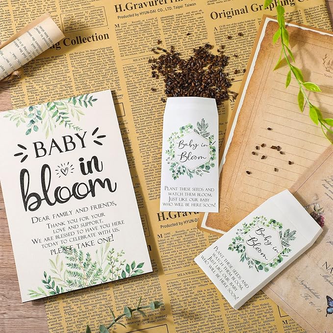 Maitys 100 Pcs Baby Shower Seed Packets Favors for Guests Baby in Bloom Wooden Sign Self Adhesive Envelopes Packet Storage Decor, No Seeds(Green Leaf)