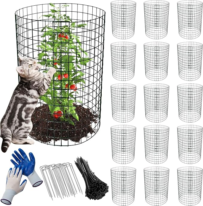 16 Pack Plant Protectors from Animals, 16"x 12" Wire Plant Protector, Wire Cages for Plants with Stakes and Cable Ties, Metal Plant Cages for Plants, Vegetables, Flowers