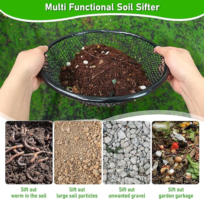 4Pcs 11.8" W Soil Sifter for Gardening, 2,4,6,8mm Grid Rock Sifter for 5 Gallon Bucket, Stainless Steel Fine Dirt Sifter, Compost Sifter for Capturing Dirt, Sand, Rocks, and Filtering Compost (Black)