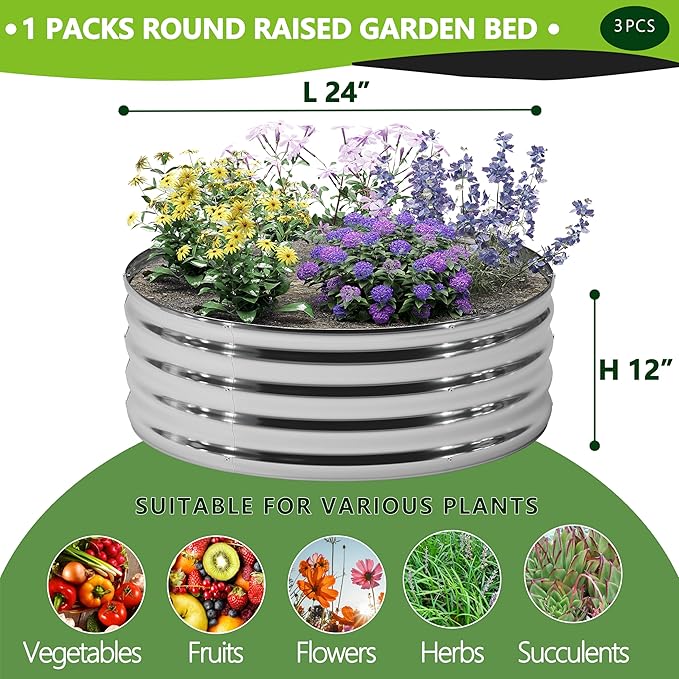 DIIYIV 3PCS 2x2x1FT Galvanized Raised Garden Bed Kit,Vegetable Boxes-Round Metal Flower Box,Large Planter Raised Beds Outdoor Garden for Planting,Fruit,Herb-Silver