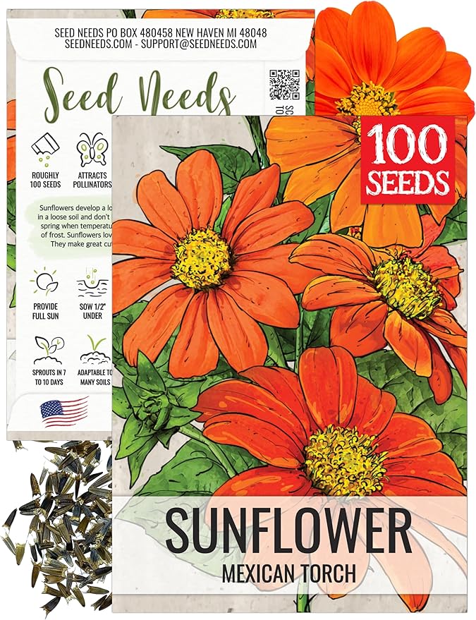 Seed Needs Mexican Sunflower Seeds for Planting Tithonia rotundifolia Flowers - Heirloom & Open Pollinated Annual Flower Seed to Plant an Outdoor Butterfly Garden (1 Pack)