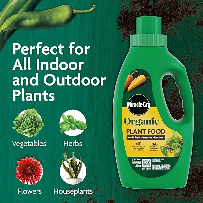 Miracle-Gro Organic Plant Food - Use with Indoor or Outdoor Plants, Organic Liquid Fertilizer for Containers and In-Ground Gardens, OMRI Listed, 32 fl. oz.