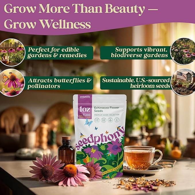 Seedphony Echinacea Seed Pack 1 oz - 9,300 Non-GMO Heirloom Echinacea Seeds for Planting, Perennial Flowers in Waterproof Seed Packet, Coneflower Seeds for Planting Garden Indoor & Outdoor Gardening