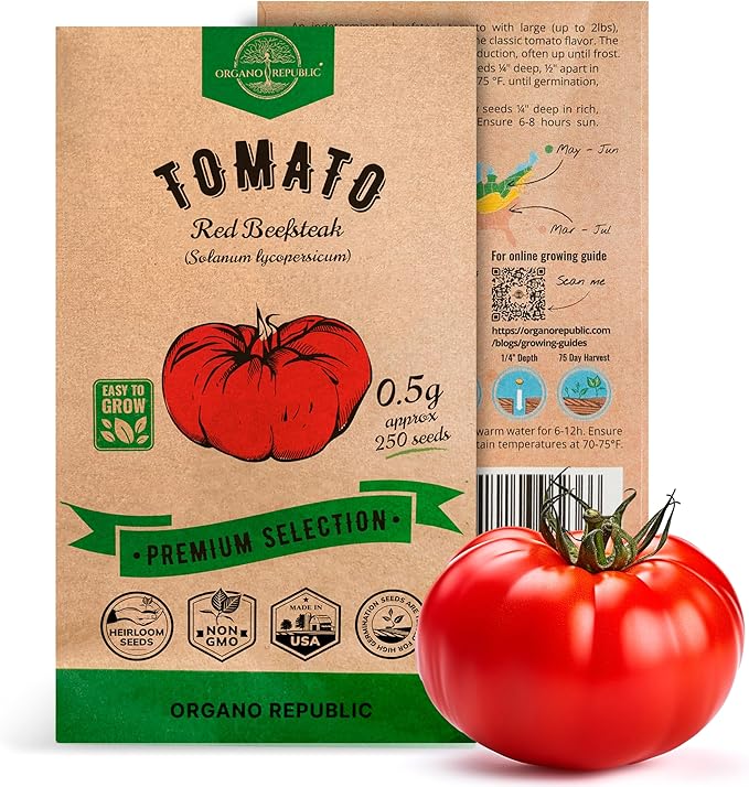 Red Beefsteak Tomato Seeds Pack 0.5 G - Over 250 Non-GMO Heirloom Tomato Seeds for Planting Vegetables in Individual Seed Packet, Vegetable Seeds for Planting Home Garden Indoor & Outdoor Gardening
