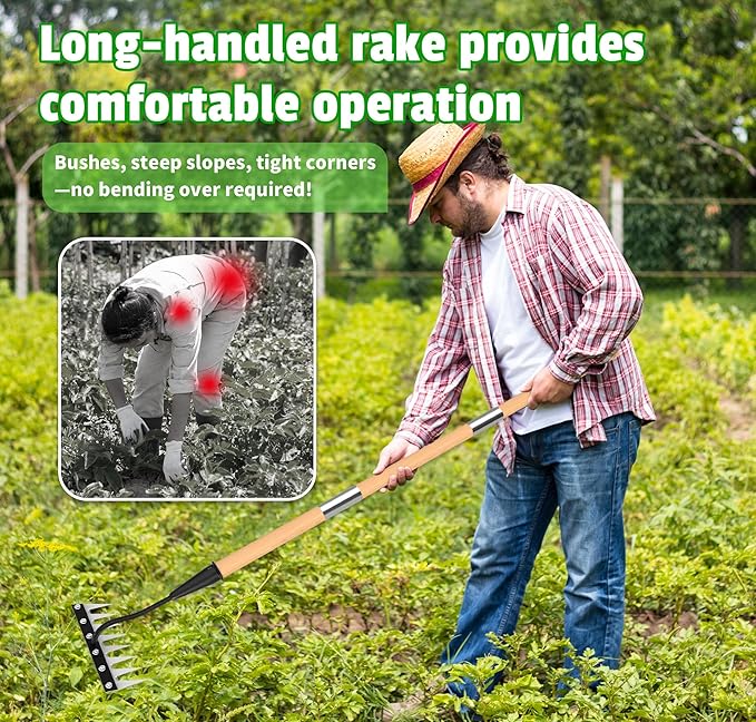 Iron Weed Rake with Wooden Long Handle 2.0, 8 Teeth Weed Puller Tool Heavy Duty, Manual Gardenia Weeding Rake Tool for Yard, Lawn and Garden, 56Inch