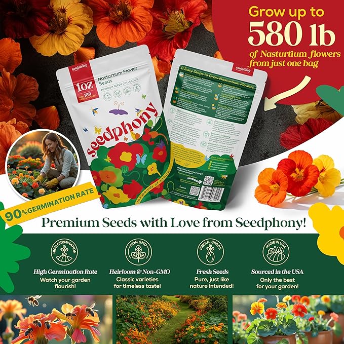 Nasturtium Seeds Pack 1 oz Non-GMO Heirloom Nasturtium Seeds for Planting, Perennial Flowers in Waterproof Seed Packet, Wildflower Seeds for Planting Garden Indoor & Outdoor Gardening
