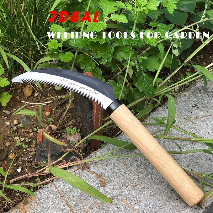 SHANFEEK Grass Sickle with Sawtooth Japanese Weeding Hoe Weeding Tools for Garden High Toughness Stainless Steel with Hard Solid Wood Handle(Beige)