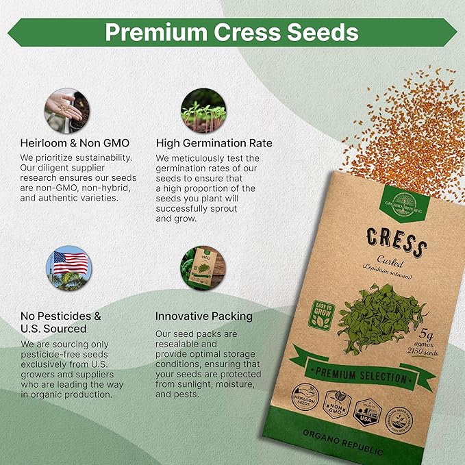 Organo Republic Curled Cress Seeds Pack 5G - Over 2,150 Non-GMO Heirloom Cress Seeds for Planting Greens in Individual Seed Packet, Greens Seeds for Planting Home Garden Indoor & Outdoor Gardening