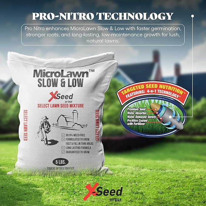 X-Seed Micro-Lawn Slow & Low Grass Seed for Cool Season Lawns, No Mow Natural Areas, Sun to Full Shade, Slow and Low Growing Micro Clover, Creeping Red Fescue, Intermediate Ryegrass, Starter Bag, 5LB