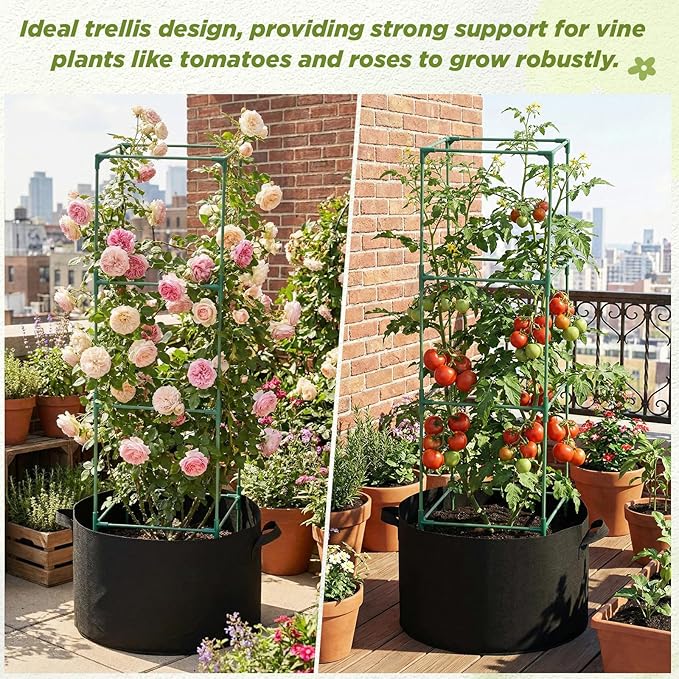 2 Packs Tomato Cages with Grow Bags 15 Gallon Planter Bags 48" Tomato Trellis for Garden Heavy Duty Plant Support Stakes for Vegetables Climbing Plants